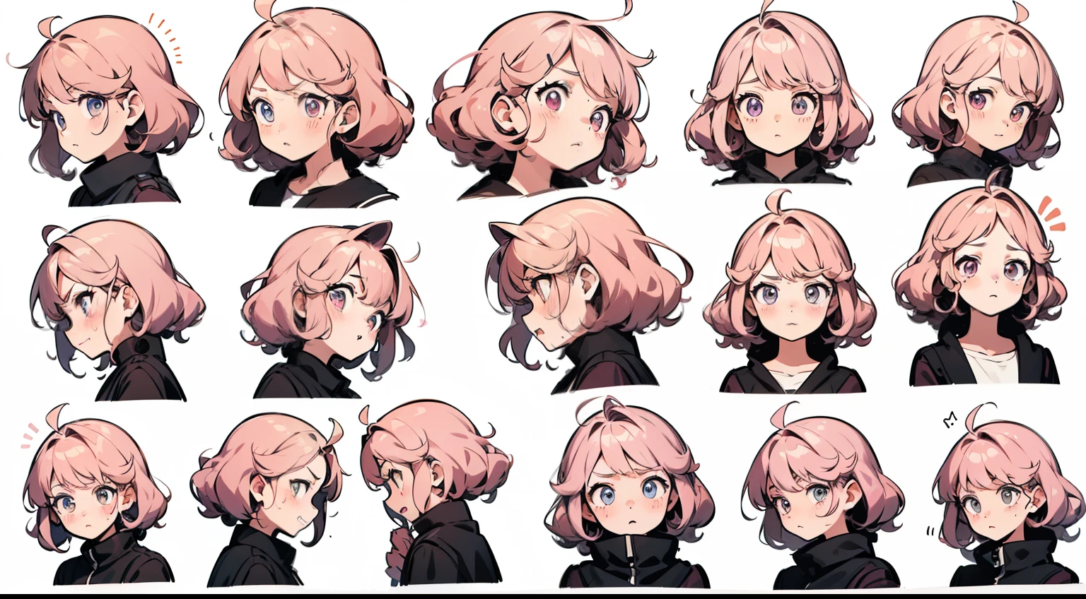 24 year old, pink hair girl, Shoulder-length hair, (((many expression))), happy, sad, angry, shocked, surprised, ((curly hair)) (((detailed character sheet, frontal view, side view, three quarter view))) (((white background))), each expression same size,