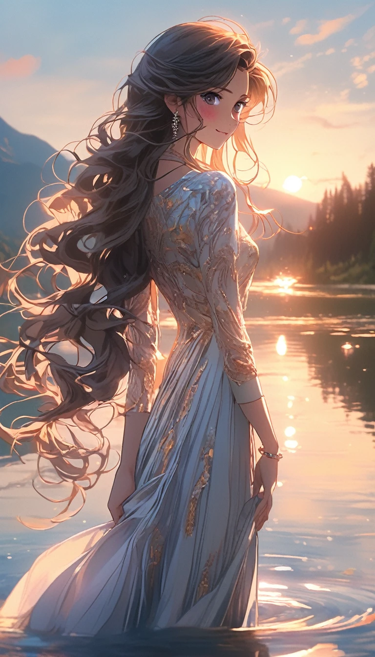 1 girl, Happy expression, Charming eyes, Long straight hair, floating long dress, What's the big deal, Watching the Sun, Calm posture, Porcelain skin, A faint blush, Crystal PendantBREAK Golden Moment, (Edge lighting): 1.2, Cool colors, Flare, Soft shadows, Vibrant colors, Influence, The lake has a great atmosphereBREAK, Distant Mountains, pine, The Peak, reflection, Clouds under sunlight, Peaceful atmosphere, Idyllic sunrise, Very detailed, Official Art, Unity 8k wallpaper, tangled, Mandala