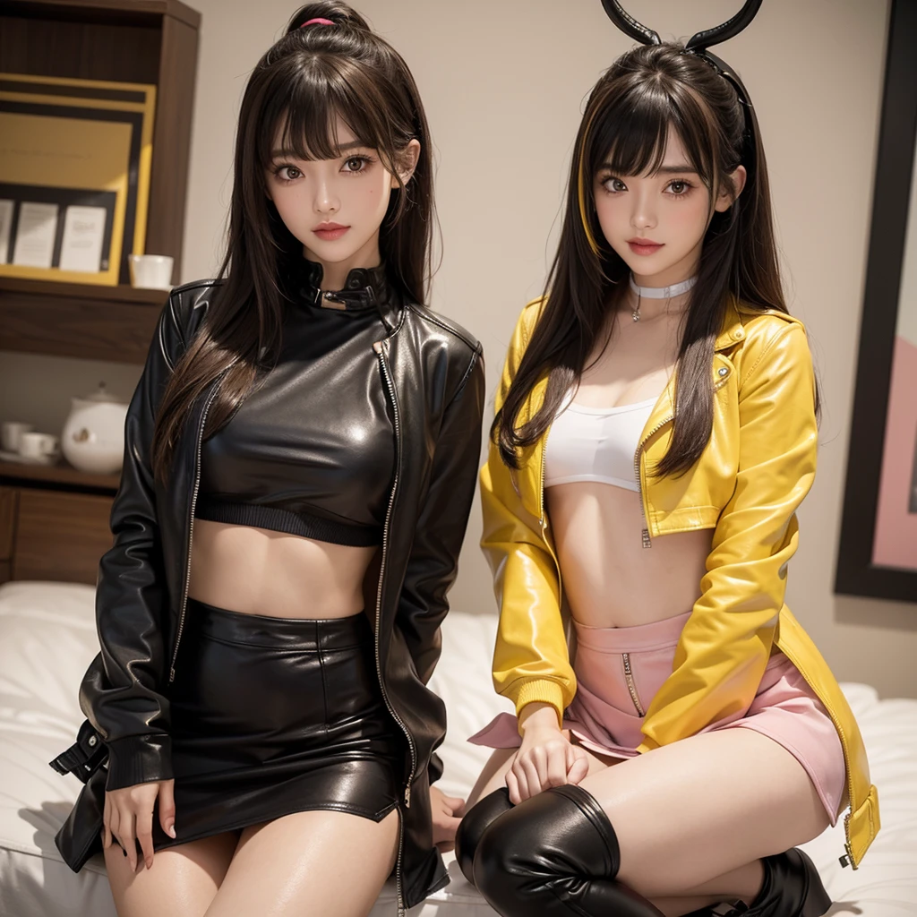 bangs down,beautiful girl,Maid clotheasterpiece,perfect face,perfect ,long hair,Outstanding style,stimulating,Cute outfits,Horny gouble eyelid,Naughty Girls,Erotic and cni skirt,ribbon on uniform,colorful hair color,yellow eyes,leather jacket,horny girl,Knee-hiots,
Colorful,multicoloured,future fashion,smile,,zipper bra,Multicolored clothing