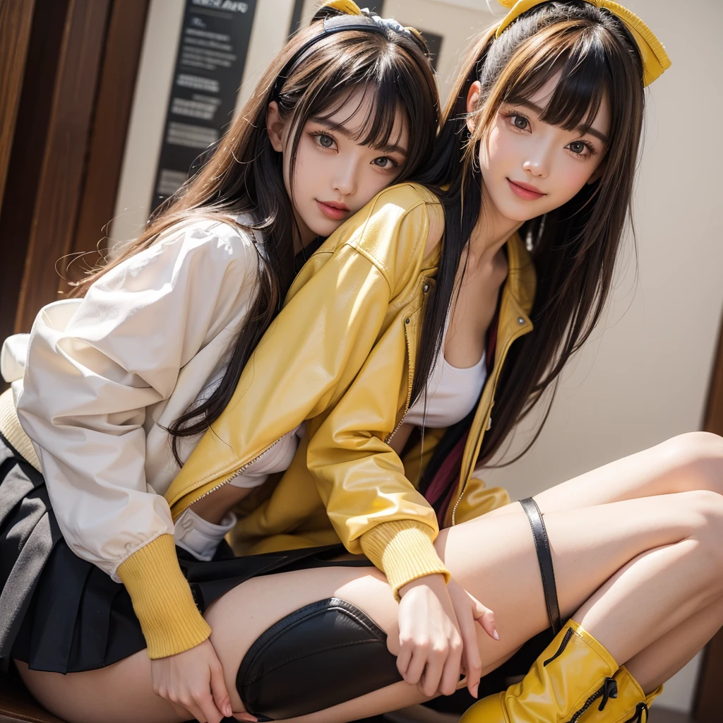 bangs down,beautiful girl,Maid clotheasterpiece,perfect face,perfect breasts,long hair,Outstanding style,stimulating,Cute outfits,Horny girl,double eyelid,Naughty Girls,Erotic and cute,mini skirt,ribbon on uniform,colorful hair color,yellow eyes,leather jacket,horny girl,Knee-high boots,
Colorful,multicoloured,future fashion,smile,,zipper bra,Multicolored clothing