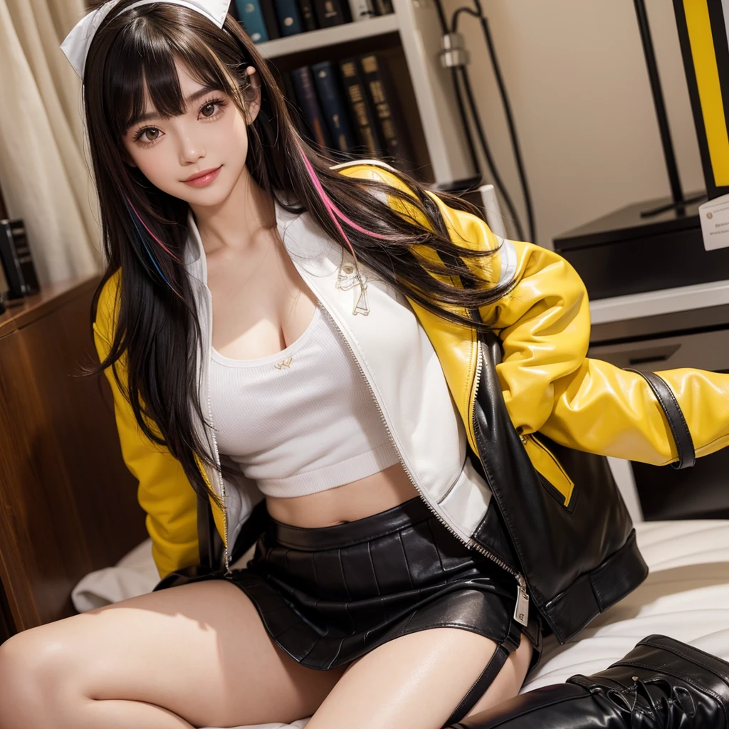 bangs down,beautiful girl,Maid clotheasterpiece,perfect face,perfect breasts,long hair,Outstanding style,stimulating,Cute outfits,Horny girl,double eyelid,Naughty Girls,Erotic and cute,mini skirt,ribbon on uniform,colorful hair color,yellow eyes,leather jacket,horny girl,Knee-high boots,
Colorful,multicoloured,future fashion,smile,,zipper bra,Multicolored clothing