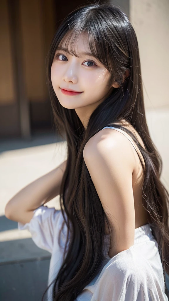 (top-quality,​masterpiece:1.3,超A high resolution,),(Ultra-detail,Caustics),(Photorealsitic:1.4,RAW shooting,)Ultra-realistic capture,A highly detailed,High resolution 16K human skin closeup、 Skin texture is natural、、The skin looks healthy with an even tone、 Use natural light and color,1 girl,japanes,22year old,kawaii,Black Hair、longhair,,smil,,(depth of fields、chromatic abberation、、Wide range of lighting、Natural Shading、)、sake