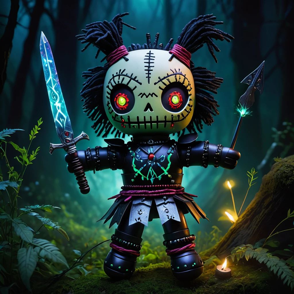 (knitted toy voodoo doll:1.7), (Voodoo Witcher:1.3), (Clothing: studded armor with glowing rune patterns:1.0), (Accessories: enchanted silver sword emitting sparks of monster magic, levitating spectral potions:1.1), (background: dark forest with floating mist, glowing herbs, and spectral beasts:1.2), best quality, masterpiece, detailed soft oil painting, detailed background, dramatic cinematic lighting, soft edge lighting, professional, dramatic lighting, hard edge lighting, ultra quality, 4k, masterpiece, best quality, 8k, ultra high definition, high resolution, extremely detailed
