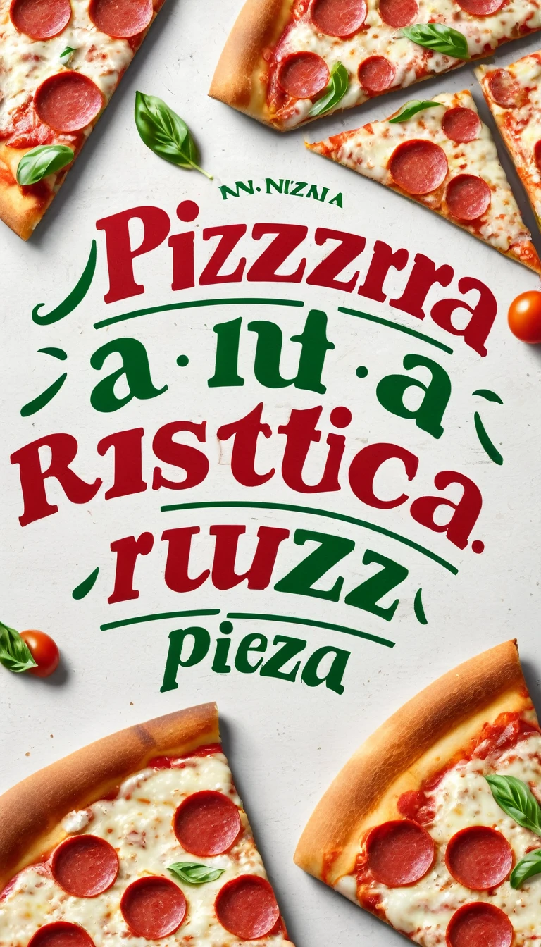 pizzeria logo, text "na rustica" on 2 different lines, put the common "A" as a slice of pizza, this slice of pizza needs to be red, other letters in green and background white