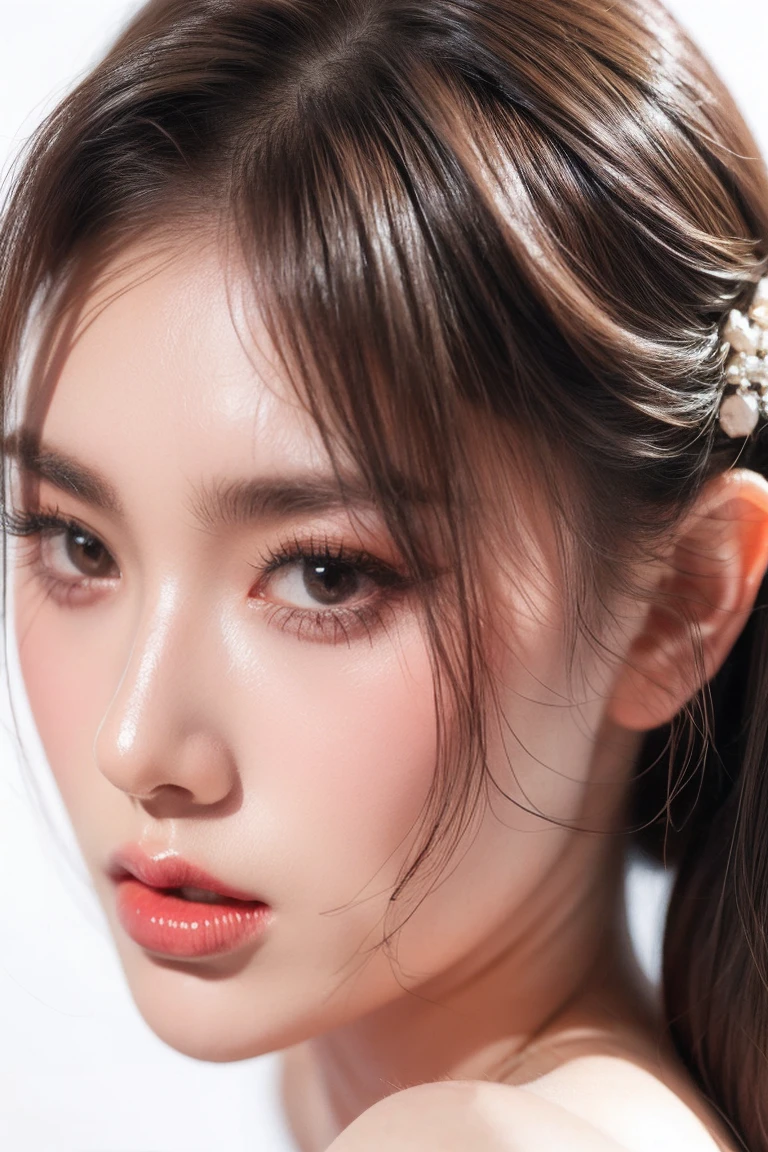 1girl face, solo, twintail hair, blonde hair, white background, realistic, lips, eyelashes,