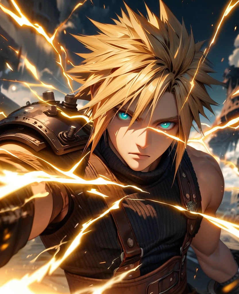 Symetrical,absurdres, highres, ultra detailed, HDR, masterpiece, extremely detailed face and eyes, Cloud Strife,final fantasy 7, yellow hair , , solo, man, handsome, ,, , Epic fight scene, yellow lightning effect, glowing glitters