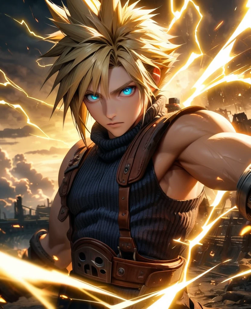 Symetrical,absurdres, highres, ultra detailed, HDR, masterpiece, extremely detailed face and eyes, Cloud Strife,final fantasy 7, yellow hair , , solo, man, handsome, ,, , Epic fight scene, yellow lightning effect, glowing glitters