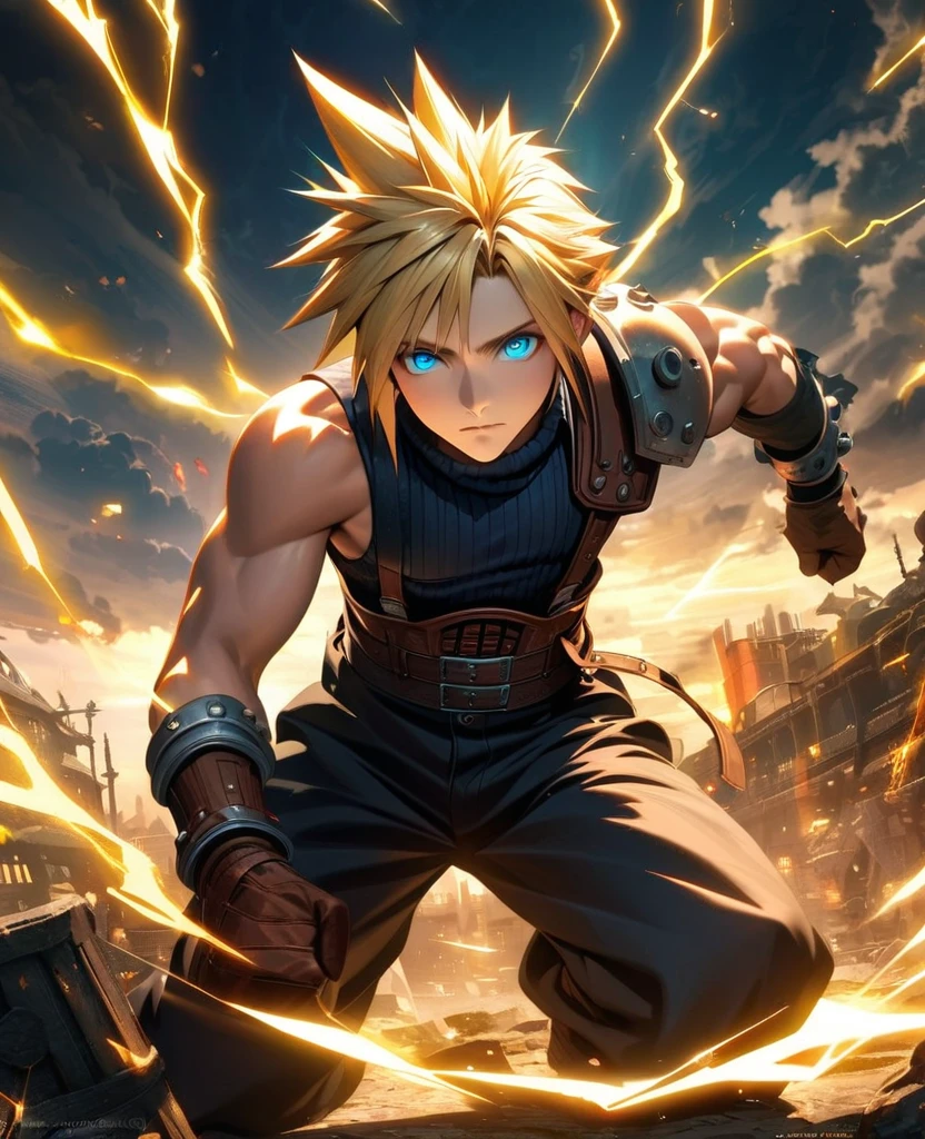 Symetrical,absurdres, highres, ultra detailed, HDR, masterpiece, extremely detailed face and eyes, Cloud Strife,final fantasy 7, yellow hair , , solo, man, handsome, ,, , Epic fight scene, yellow lightning effect, glowing glitters