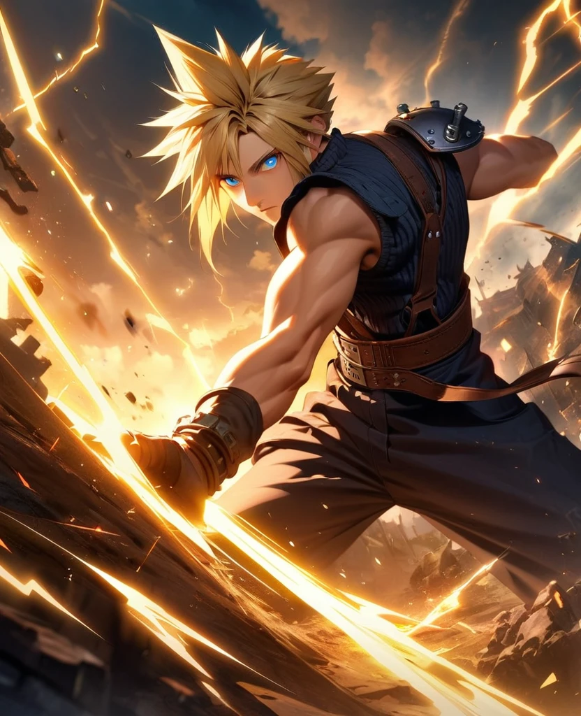 Symetrical,absurdres, highres, ultra detailed, HDR, masterpiece, extremely detailed face and eyes, Cloud Strife,final fantasy 7, yellow hair , , solo, man, handsome, ,, , Epic fight scene, yellow lightning effect, glowing glitters