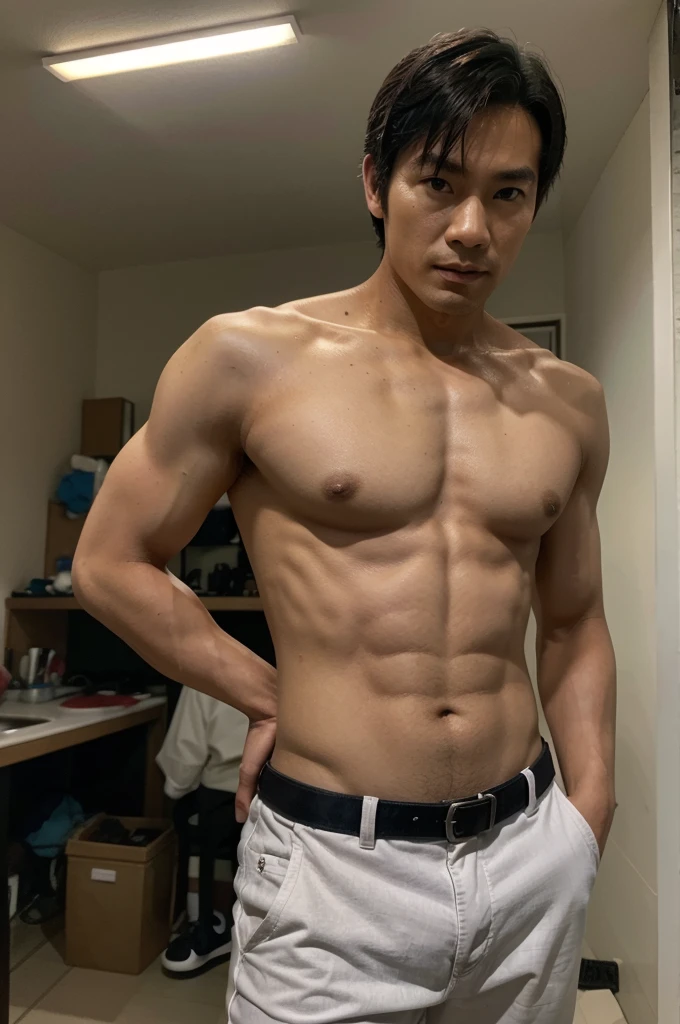 A man 39 years old. The name edo, he southeast asian man. Stand with boy cool . With looking so cool