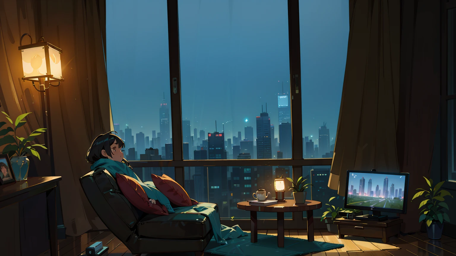 [best quality,4K,8K,high resolution,masterpiece:1.2],Extremely detailed,(Practical,Reality,Photo-realistic:1.37),Studio，Through the windows of the metropolis one can see,Modern Architecture,Bright and spacious,Panoramic cityscape,Modern interior design,Skyscraper,flashing city lights,Impressive city skyline,Stylish and minimalist furniture,Comfortable seating area,Tall floor-to-ceiling windows,Lots of natural light,Night city,Illuminated street lights,The hustle and bustle of the city,Peace and tranquility atmosphere,Polished hardwood floors,modern Art,Neutral tones,Soft and comfortable carpet,Recreation center,State-of-the-art audio-visual systems,Smart home technology,Automatic blinds,Dimmable lighting,Lush Indoor Plants,Stylish coffee table,Fresh Houseplants,Stylish decorative elements