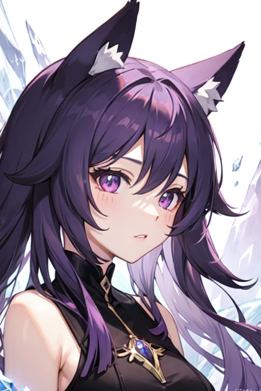 young girl with long light purple hair, purple eyes, fox ears, two crystal foxtails, and three crystal marks on the forehead