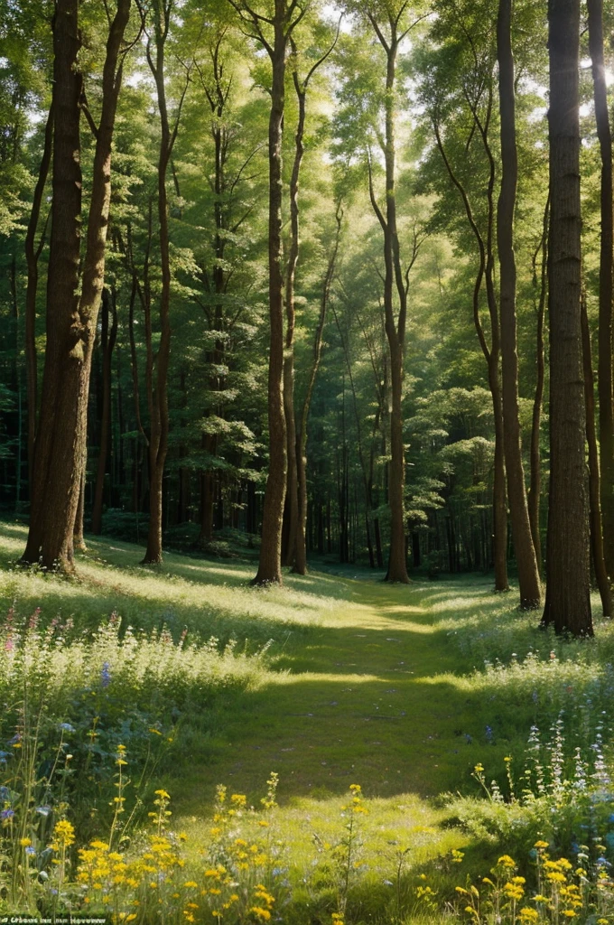 "Capture the serene beauty of a sun-kissed forest clearing, where dappled sunlight filters through towering trees onto a carpet of wildflowers."