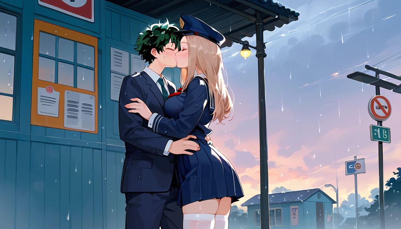 anime artwork, score_9, score_8_up, score_7_up, score_6_up, score_5_up, score_4_up, r,Camie Utsushimi, light brown hair, dark brown eyes,, breasts, , big breasts, (school uniform:1.2), standing, cap, she is 24 years old, wet whirt, ,horny, , , white stockings, style_3, 1boy, Izuku Midoriya, kissing, at the bus stop, outdoors, raining, blush, wet, dark atmoshpere, closed eyes, They are completely soaked, evening, gaps in the clouds, his hands on her hips