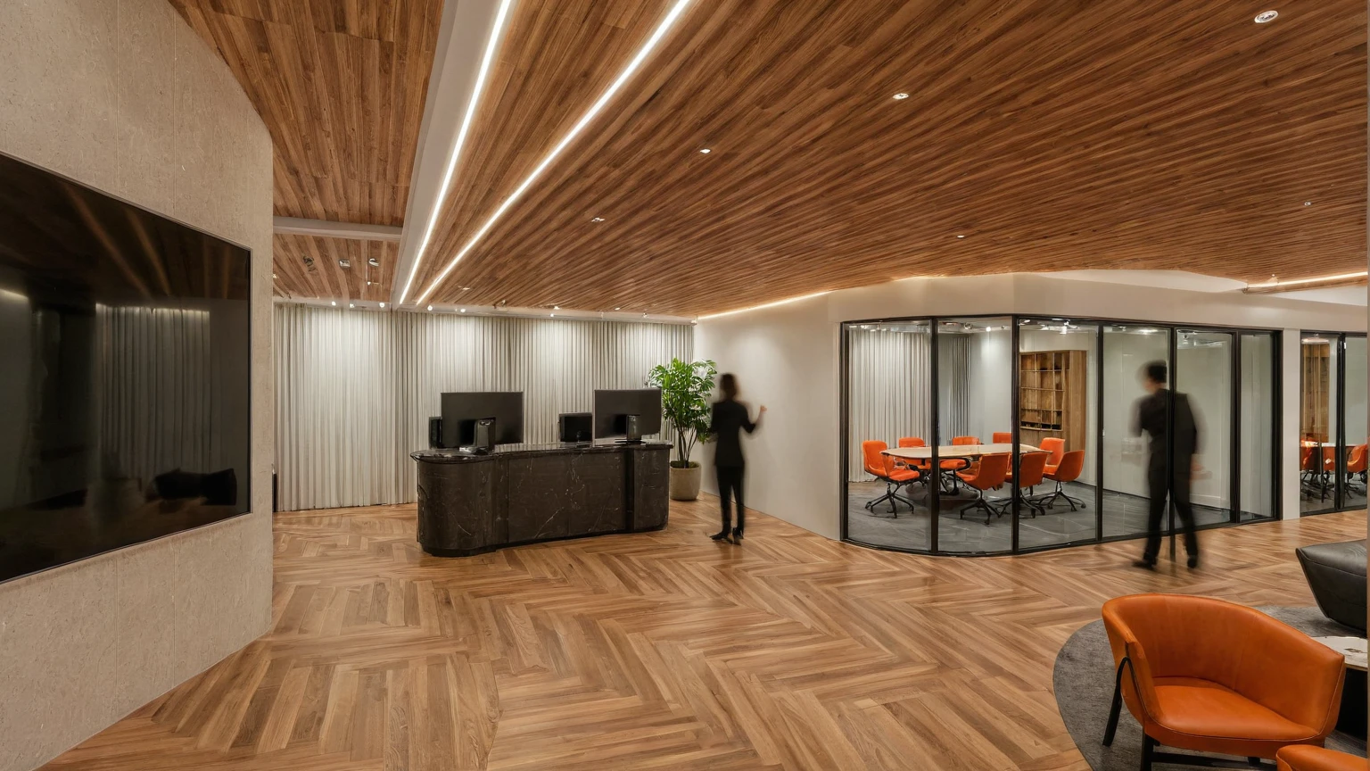 Raw photo, Masterpiece, high quality, best quality, authentic, super detail, interior, indoors, office style modern, plant,armchair,reception,tv,floor wood, daylight, table dining, daylight:2.2), vivid colors, (realistic:2.3),