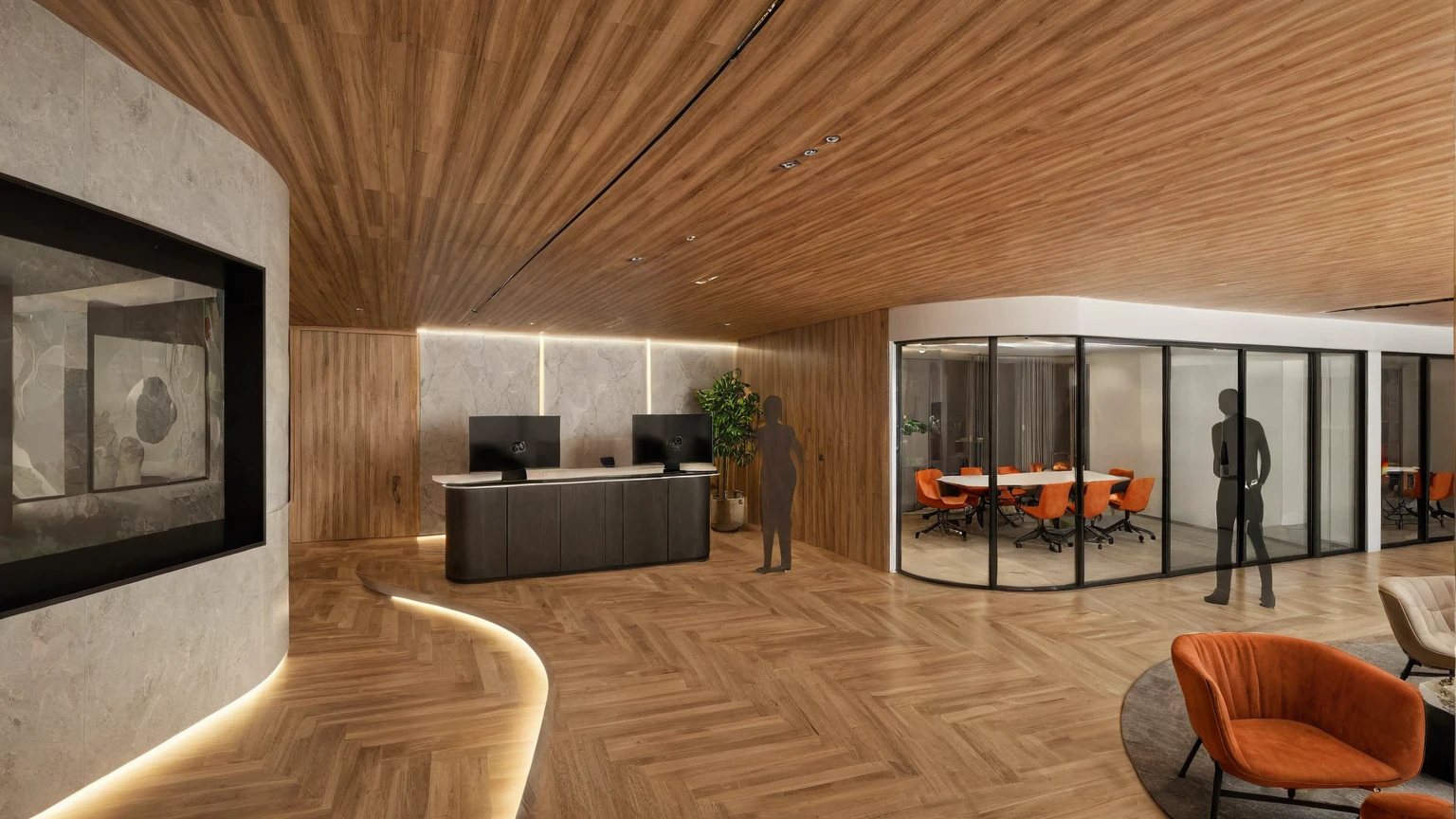 Raw photo, Masterpiece, high quality, best quality, authentic, super detail, interior, indoors, office style modern, plant,armchair,reception,tv,floor wood, daylight, table dining, daylight:2.2), vivid colors, (realistic:2.3),