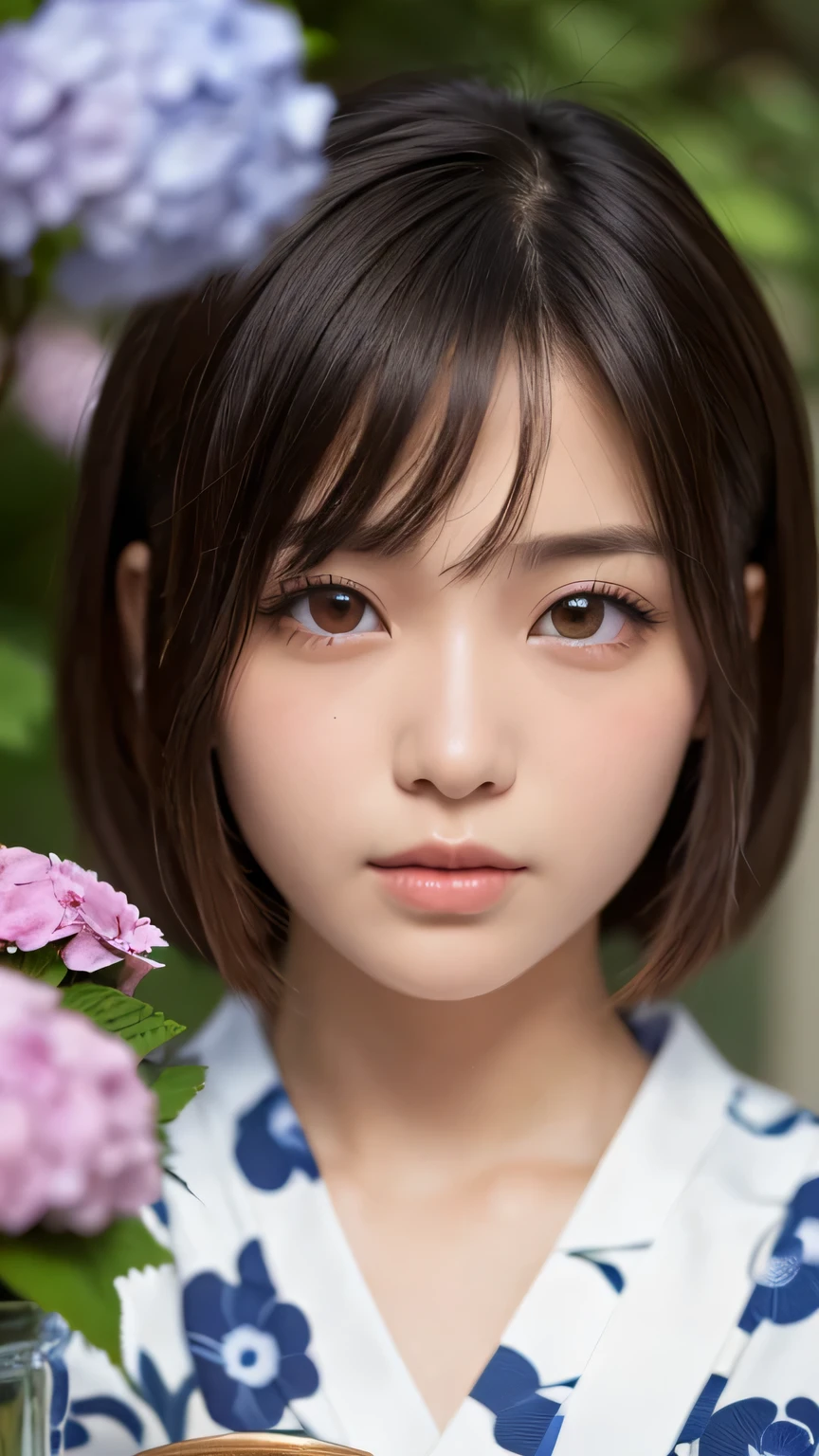 one girl, (a beauty girl, delicate girl:1.3), (:1.3),
break, (yukata, Japanese folk costume:1.2),
break, (glass vase, hydrangeas:1.2),
break, very fine eyes, (symmetrical eyes:1.3),
break, (big breasts:1.1), brown eyes, parted bangs, brown bobcut hair,
break, (eyes and faces with detailed:1.0),
break, (masterpiece, best quality, ultra detailed, detailed face, 8k)