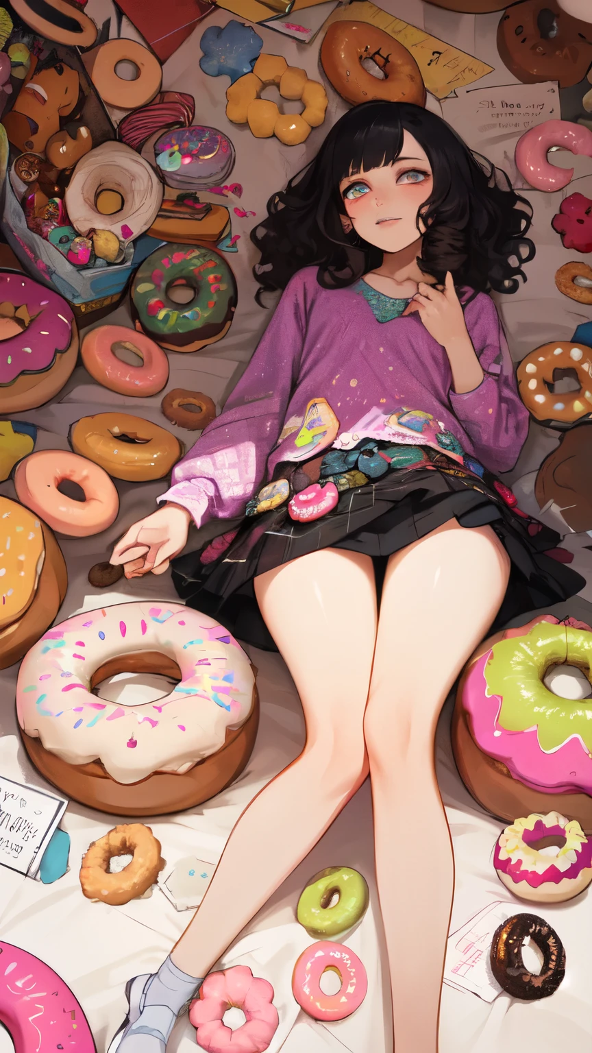 A young lady surrounded by hundreds of different kinds of donuts, squashed in fluffy cushions, colorful, detailed eyes of the young lady, fashionable patchwork shirt and skirt, curly hair style