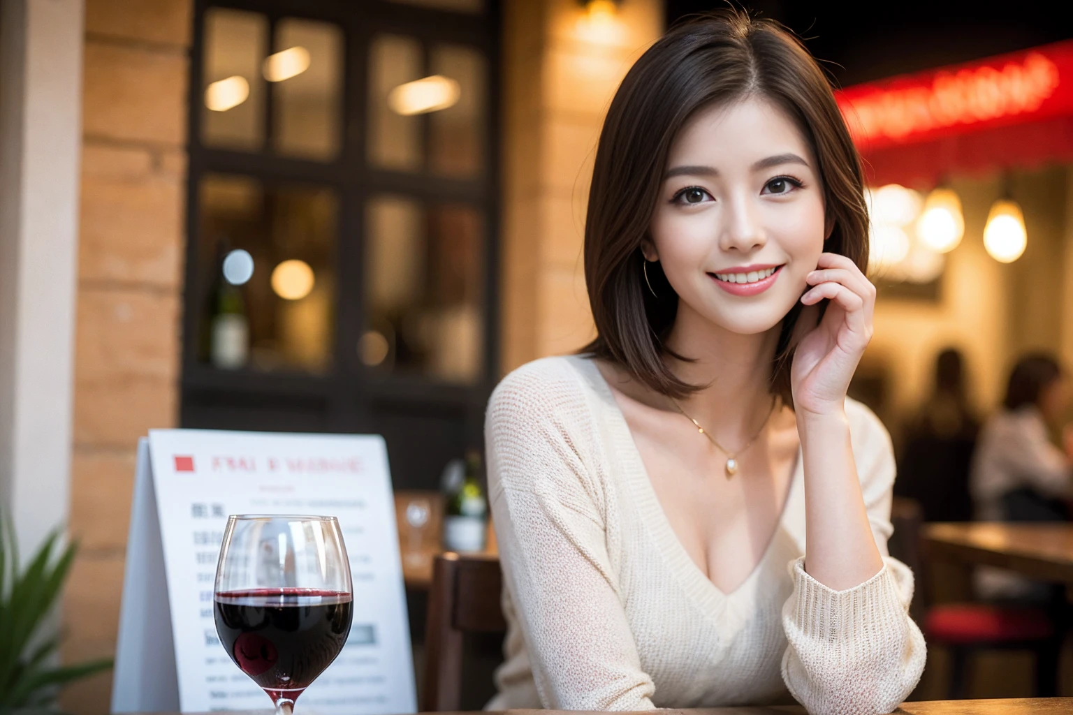 ((Highest quality、8K、masterpiece:1.3))、1 male、1 woman who resembles Satomi Ishihara、Couple、spouse、Couple、The body is slim、((Bob Hale、Straight hair:1.2)), (Realistic, Intricate details:1.2), テーブルの上のwine glass、Put the light on your face、 Amazing view of the sunset sky and clouds、Amazing mountain views、A bright smile、The wonderfulness of smile、Bright image、The beauty of wine, Beautiful Face, blue eyes, The light shines on your face, Blushing, short hair,Bright Face、42 years old), 39 years old, red wine 、Appetizers、Italian food、Wine bottle、Champagne、sparkling wine、Two beauties、Brown Hair、Shortcuts、Long sleeve shirt、dress、Beautiful woman 1, (slimな顔), (The body is slim), (Brown Hair), (Shortcuts), cheeks turn a little red,Attractive beauty、restaurant, In a prominent place (From the waist up) Nova Frog Style, actress, model, Upper Body, White wine, slim, wine glass, 中央に置かれたwine glass, smile, (smile: 1.15), Beautiful fine grain, Depth f/2,saturation, High Contrast, Strong light and shadow,Moist Body:1.5、3D texture、Delicate eyes、Brown Hair、The hair is very shiny、