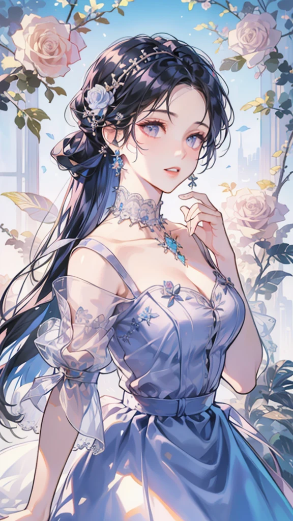 (best quality, 4K, high resolution, masterpiece:1.2), Elegant dynamic portrait，A beautiful girl，Blue hair tied up elegantly, Decorate with jewelry, Diamond necklace, (Put on a big cape), Clear purple eyes, (Decorate your hair with delicate flowers, Crystal jewelry string), Extremely detailed.