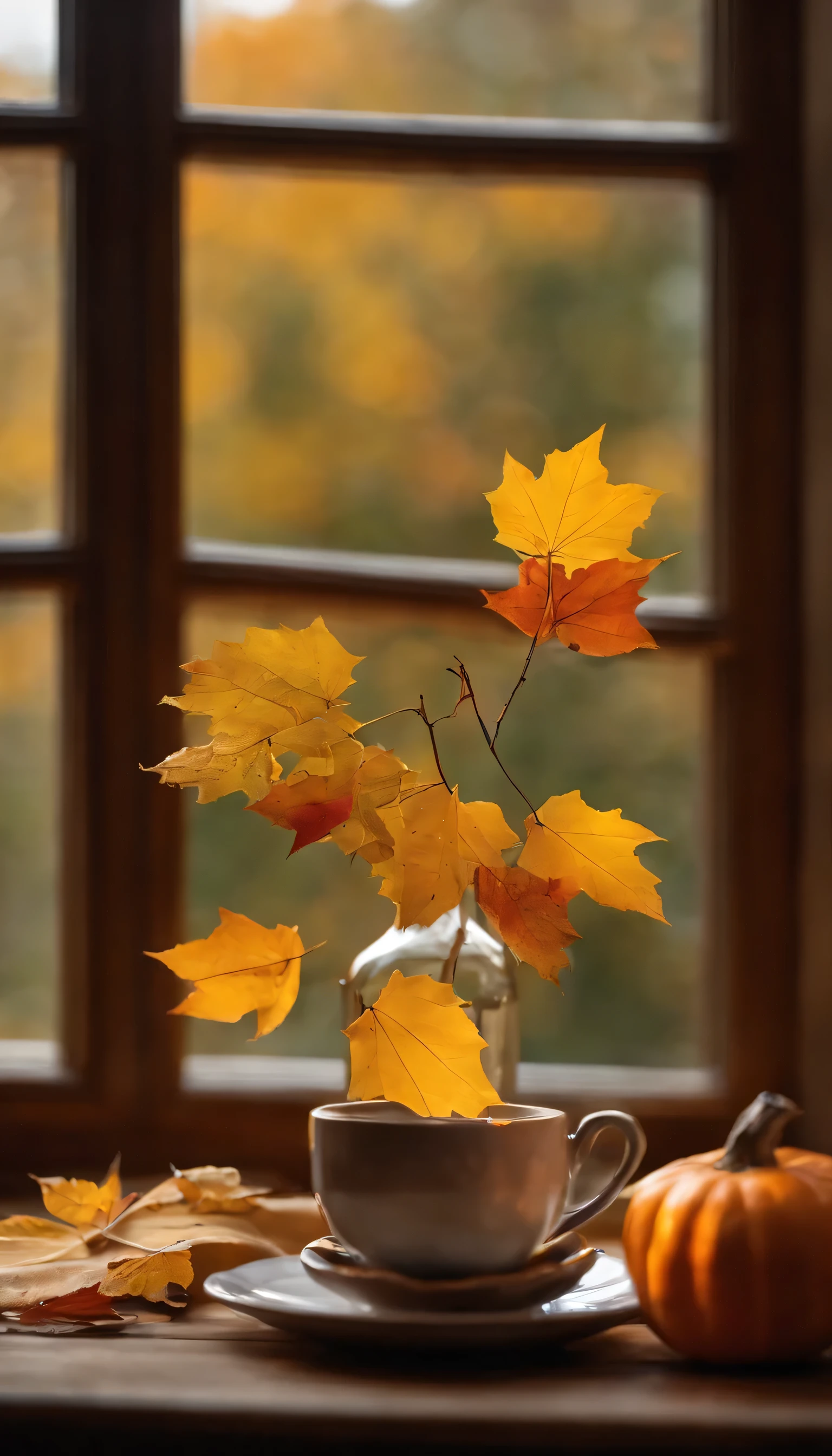 Create an indoor scene that exudes coziness and tranquility. The focus should be on a wooden table bathed in warm natural light from a nearby window. On the table, place an open book with indistinct text, suggesting a moment of relaxation or study. A ceramic cup, perhaps filled with coffee or tea, should sit atop a small saucer. Outside the window, depict an autumnal setting with golden-yellow leaves on trees, evoking a sense of calm. Add vibrant orange flowers in a vase next to the cup for color contrast and an extra touch of comfort.”