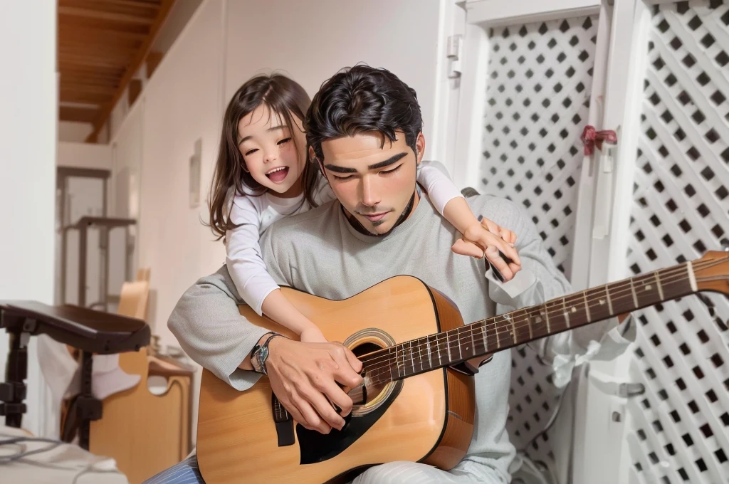 there is a man and a  Playing guitar, Playing guitar, กำลังPlay Guitar, Play Guitar, Play Guitars, Guitar Hold, jamming to music,fatherผมสั้น, fatherผมสีดำ,fatherดวงตาสีฟ้า, fatherกับ , father, man Play Guitar, music, Children, with children,black hair boy,blue eyed ,  Powerful details, boy playing guitar, Guitar Hold, Profile picture, Harmonious integration