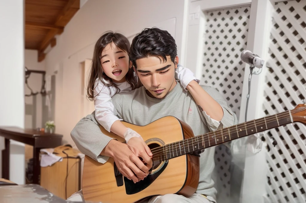 there is a man and a  Playing guitar, Playing guitar, กำลังPlay Guitar, Play Guitar, Play Guitars, Guitar Hold, jamming to music,fatherผมสั้น, fatherผมสีดำ,fatherดวงตาสีฟ้า, fatherกับ , father, man Play Guitar, music, Children, with children,black hair boy,blue eyed ,  Powerful details, boy playing guitar, Guitar Hold, Profile picture, Harmonious integration