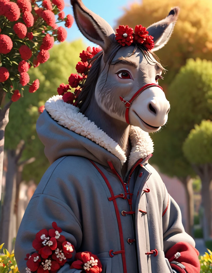 3d，C4D，Disney Animation Art，personification，Donkey man，Donkey-headed people，Wearing a thick cotton coat with Northeastern red flowers，Cross your arms，Head tilted stubbornly to one side，warmth，Cute and adorable，cartoon，OC Renderer，8K，high quality，masterpiece