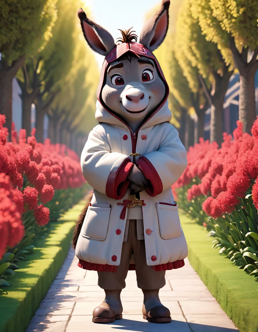 3d，C4D，Disney Animation Art，personification，Donkey man，Donkey-headed people，Wearing a thick cotton coat with Northeastern red flowers，Cross your arms，Head tilted stubbornly to one side，warmth，Cute and adorable，cartoon，OC Renderer，8K，high quality，masterpiece