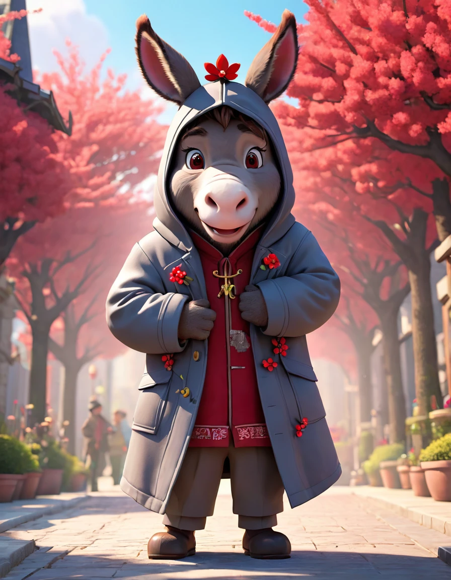 3d，C4D，Disney Animation Art，personification，Donkey man，Donkey-headed people，Wearing a thick cotton coat with Northeastern red flowers，Cross your arms，Head tilted stubbornly to one side，warmth，Cute and adorable，cartoon，OC Renderer，8K，high quality，masterpiece