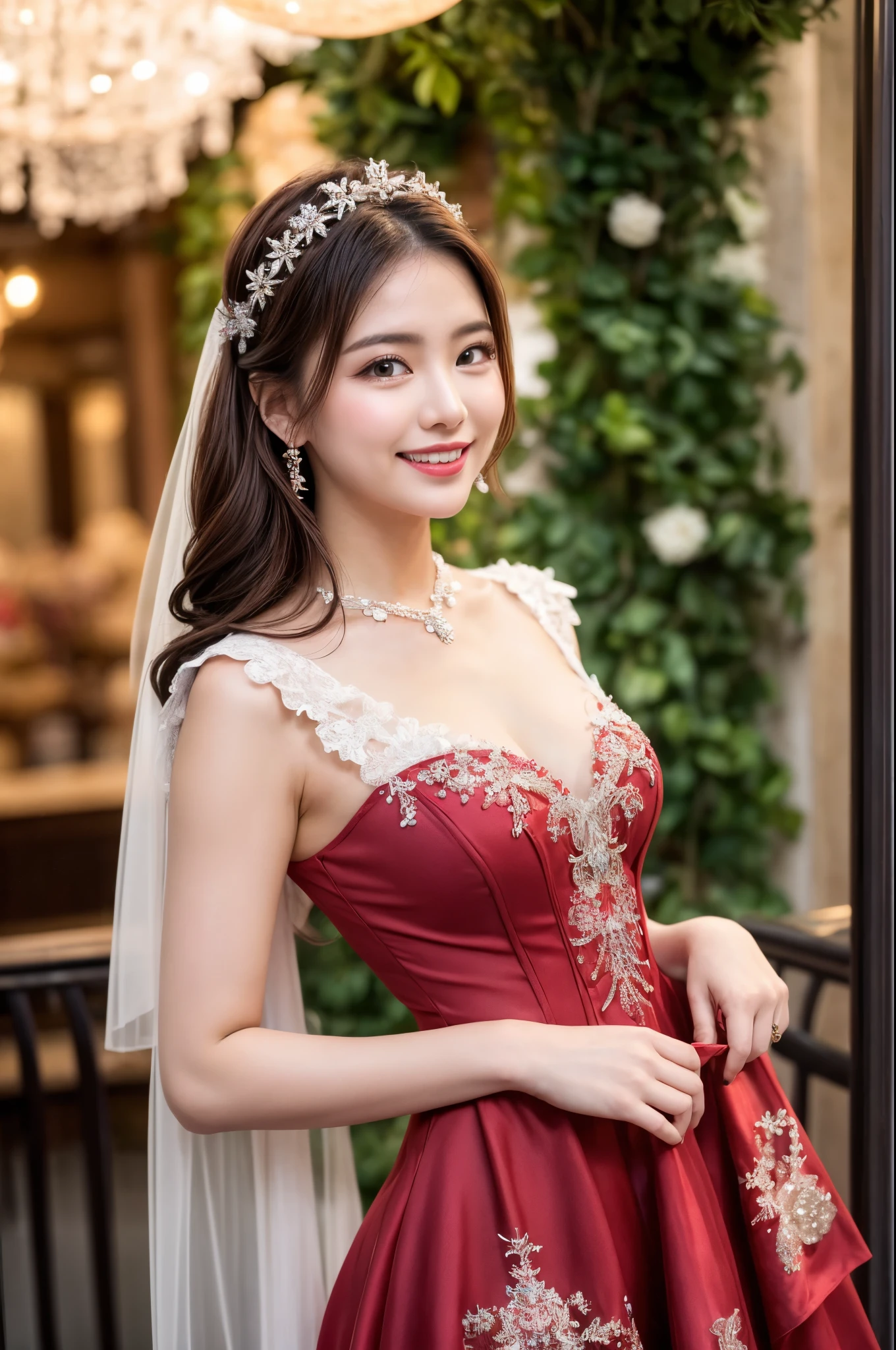 (((masterpiece))), (((Highest quality: 1.4))), ((Very detailed: 1.4)) , ulzzang-6500-v1.1, (RAW Photos:1.2), (Photorealistic), (Genuine:1.4), Sharp focus、Shot from the side、(Full Body Shot), (red frozen crystal-themed dress with intricate ice-inspired details:1.2),(red dress adorned with abundant lace and ribbons:1.3),(mesmerizing red dress inspired by ice crystals, creating a magical aesthetic:1.2),(effortlessly chic hairstyle:1.4), Upper class lady、Incredible beauty、A smile full of love、Innocent smile、