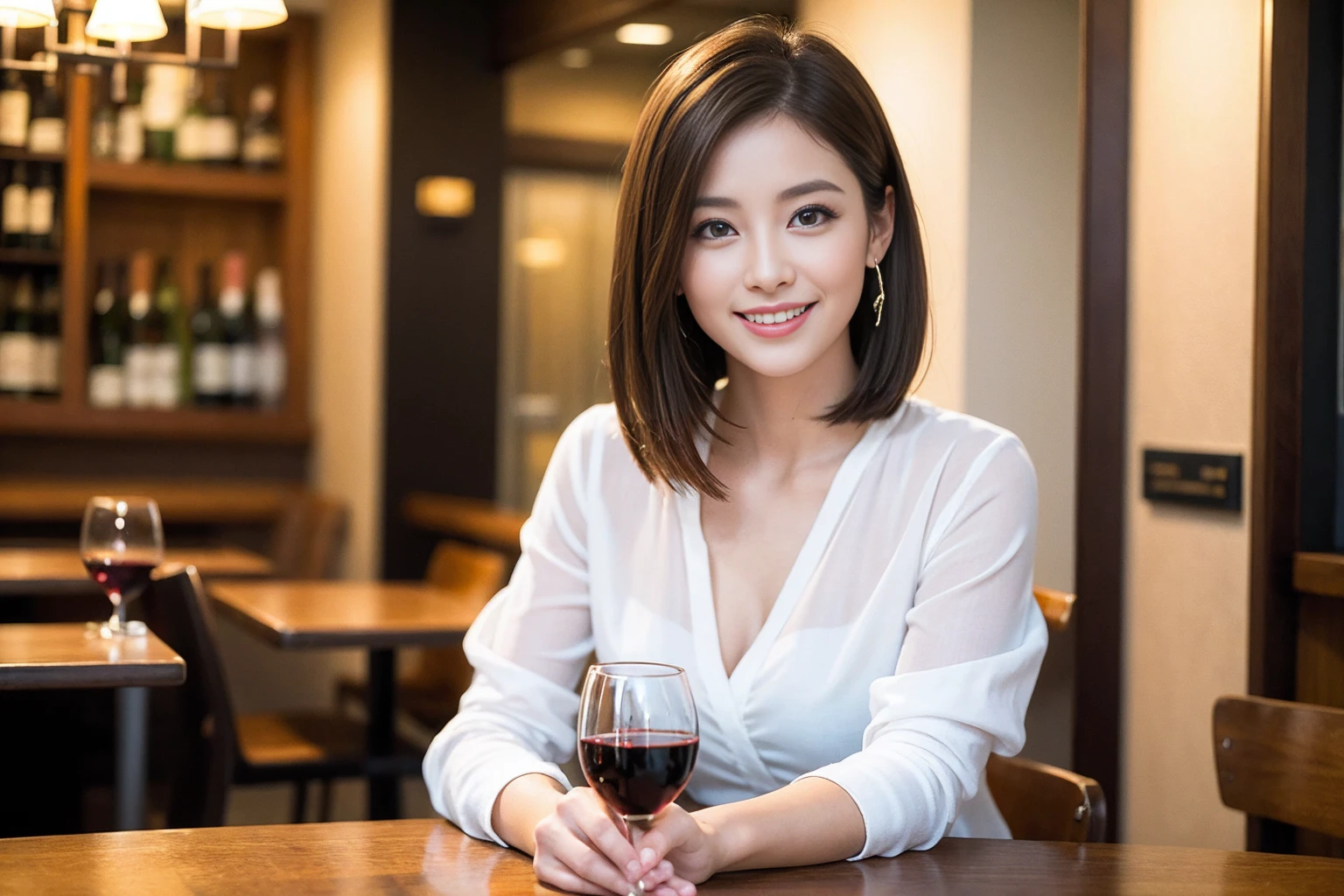 ((Highest quality、8K、masterpiece:1.3))、1 male、1 woman who resembles Satomi Ishihara、Couple、spouse、Couple、The body is slim、((Bob Hale、Straight hair:1.2)), (Realistic, Intricate details:1.2), テーブルの上のwine glass、Put the light on your face、 Amazing view of the sunset sky and clouds、Amazing mountain views、A bright smile、The wonderfulness of smile、Bright image、The beauty of wine, Beautiful Face, blue eyes, The light shines on your face, Blushing, short hair,Bright Face、42 years old), 39 years old, red wine 、Appetizers、Italian food、Wine bottle、Champagne、sparkling wine、Two beauties、Brown Hair、Shortcuts、Long sleeve shirt、dress、Beautiful woman 1, (slimな顔), (The body is slim), (Brown Hair), (Shortcuts), cheeks turn a little red,Attractive beauty、restaurant, In a prominent place (From the waist up) Nova Frog Style, actress, model, Upper Body, White wine, slim, wine glass, 中央に置かれたwine glass, smile, (smile: 1.15), Beautiful fine grain, Depth f/2,saturation, High Contrast, Strong light and shadow,Moist Body:1.5、3D texture、Delicate eyes、Brown Hair、The hair is very shiny、