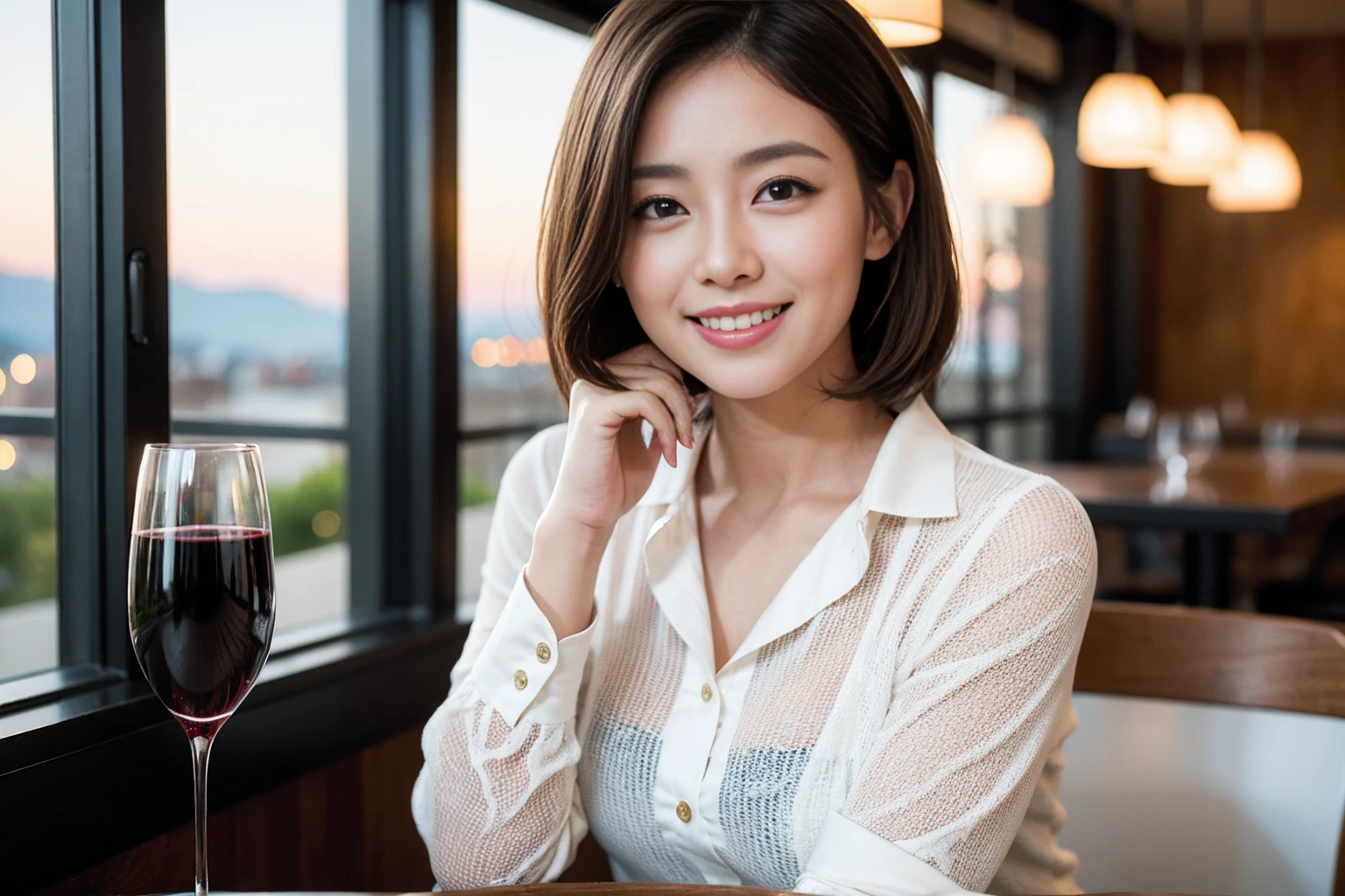 ((Highest quality、8K、masterpiece:1.3))、1 male、1 woman who resembles Satomi Ishihara、Couple、spouse、Couple、The body is slim、((Bob Hale、Straight hair:1.2)), (Realistic, Intricate details:1.2), テーブルの上のwine glass、Put the light on your face、 Amazing view of the sunset sky and clouds、Amazing mountain views、A bright smile、The wonderfulness of smile、Bright image、The beauty of wine, Beautiful Face, blue eyes, The light shines on your face, Blushing, short hair,Bright Face、42 years old), 39 years old, red wine 、Appetizers、Italian food、Wine bottle、Champagne、sparkling wine、Two beauties、Brown Hair、Shortcuts、Long sleeve shirt、dress、Beautiful woman 1, (slimな顔), (The body is slim), (Brown Hair), (Shortcuts), cheeks turn a little red,Attractive beauty、restaurant, In a prominent place (From the waist up) Nova Frog Style, actress, model, Upper Body, White wine, slim, wine glass, 中央に置かれたwine glass, smile, (smile: 1.15), Beautiful fine grain, Depth f/2,saturation, High Contrast, Strong light and shadow,Moist Body:1.5、3D texture、Delicate eyes、Brown Hair、The hair is very shiny、