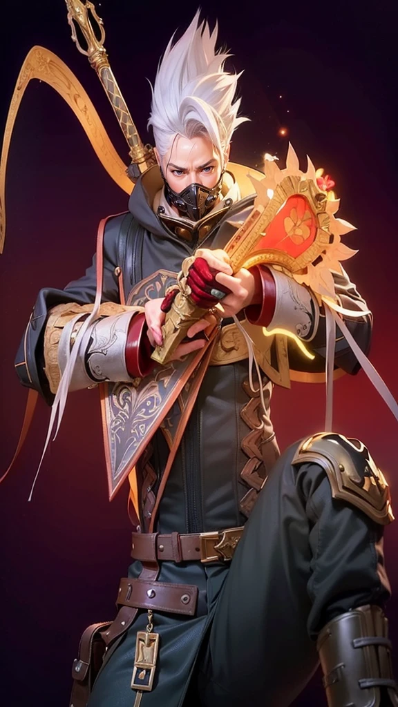 a close up of a boy with a steampunk mask on, velvet background, realistic suit, ezreal (league of legends, realism art, mobile legends, riot game, style league of legends, inspired by Li Shida, fighting game character, tracer, league of legends character, gold paladin, wukong, wild rift, purple and blue color, glow particle, white hair color, realistic suit masterpiece, sword, realistic sword, realism masterpiece, natural lighting, strong realistic texture, strong red eye glow, lots hair