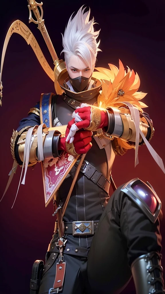 a close up of a boy with a steampunk mask on, velvet background, realistic suit, ezreal (league of legends, realism art, mobile legends, riot game, style league of legends, inspired by Li Shida, fighting game character, tracer, league of legends character, gold paladin, wukong, wild rift, purple and blue color, glow particle, white hair color, realistic suit masterpiece, sword, realistic sword, realism masterpiece, natural lighting, strong realistic texture, strong red eye glow, lots hair