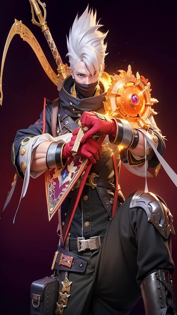 a close up of a boy with a steampunk mask on, velvet background, realistic suit, ezreal (league of legends, realism art, mobile legends, riot game, style league of legends, inspired by Li Shida, fighting game character, tracer, league of legends character, gold paladin, wukong, wild rift, purple and blue color, glow particle, white hair color, realistic suit masterpiece, sword, realistic sword, realism masterpiece, natural lighting, strong realistic texture, strong red eye glow, lots hair