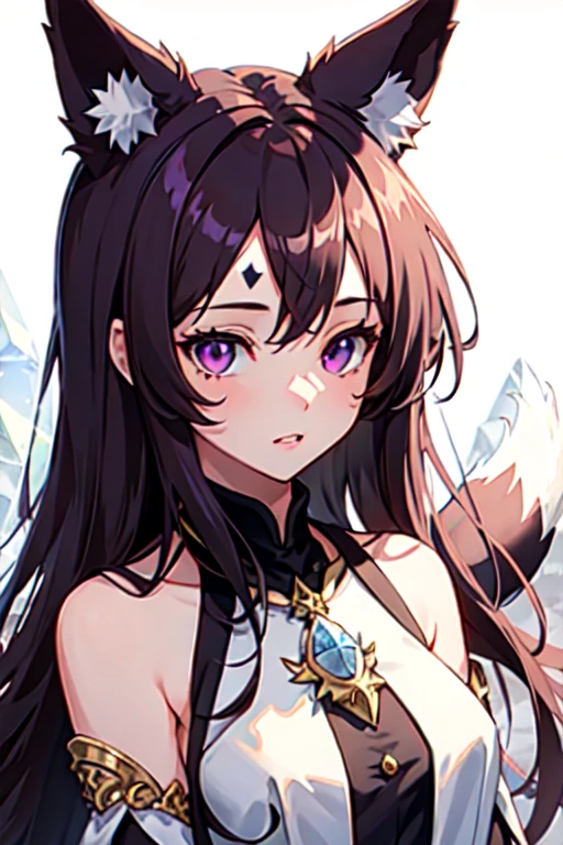 young girl with long light purple hair, purple eyes, fox ears, two crystal foxtails, and three crystal marks on the forehead