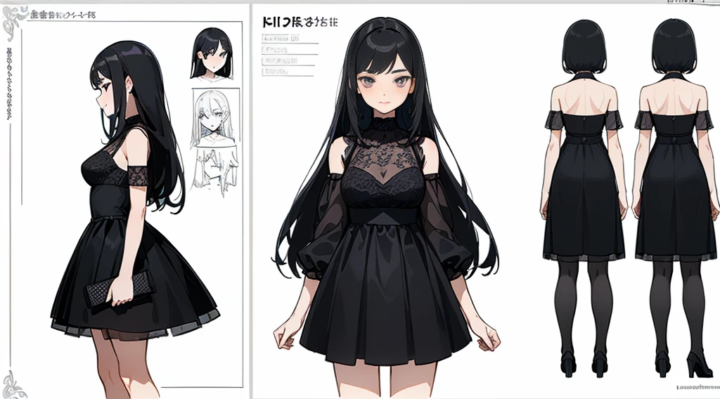 ((Highest quality)), ((masterpiece)), ((Realistic)) 19 years old, Black Hair Girl, Waist-length hair, Relaxed happy face ((thin)) (Big Breasts), ((( Cocktail Dresses))) (((mini skirt))) ((Sexy Dress)) (Black Dress)Straight Hairstyles, (((Detailed character sheet, Front view, Side view, 3/4 Views))) (((White Background))) Six and a half whole bodies