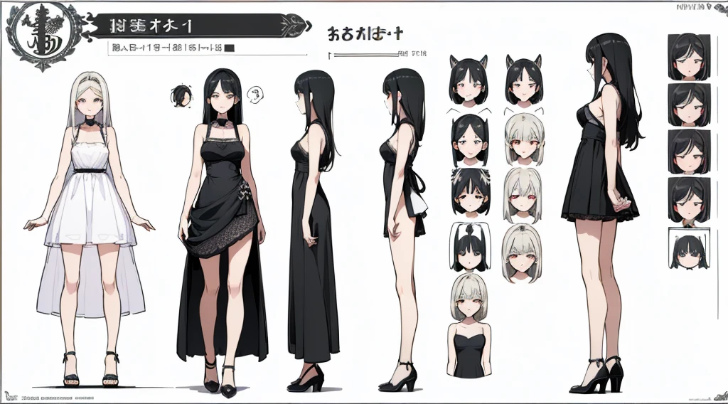 ((Highest quality)), ((masterpiece)), ((Realistic)) 19 years old, Black Hair Girl, Waist-length hair, Relaxed happy face ((thin)) (Big Breasts), ((( Cocktail Dresses))) (((mini skirt))) ((Sexy Dress)) （Black Dress）Straight Hairstyles, (((Detailed character sheet, Front view, Side view, 3/4 Views))) (((White Background))) Six and a half whole bodies