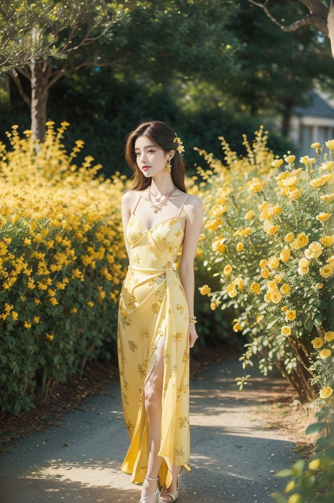 (((best quality))),(((ultra detailed))),(((masterpiece))),illustration, a stunning young girl amidst a sea of yellow roses, yellow rose petal dress,slim,thin, fair skin,shoulder length straight chestnut hair,earrings,necklace,intricate patterns, embellishments, ethereal charm, sparkling eyes, gentle smile,flat chest,small breasts, innocence and grace, yellow roses background, full bloom, fragrance of roses, enchanting presence,admiration, beauty and nature blend, striking appearance, vibrant yellow color, harmonious equilibrium,lasting impression,((standing,arms behind back)),from front,night scene,slender legs,high heels