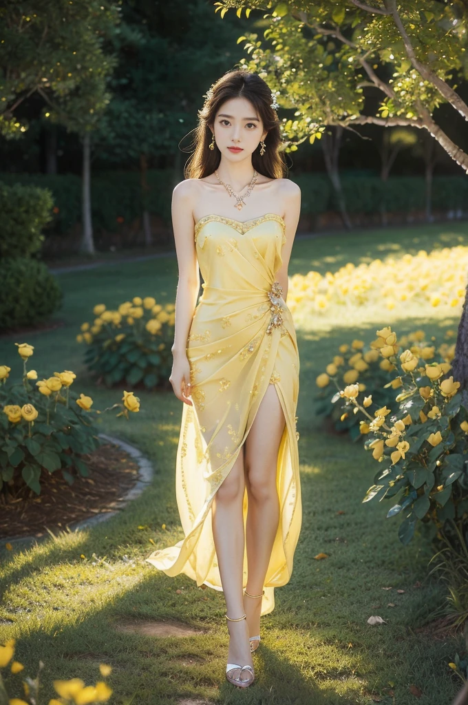 (((best quality))),(((ultra detailed))),(((masterpiece))),illustration, a stunning young girl amidst a sea of yellow roses, yellow rose petal dress,slim,thin, fair skin,shoulder length straight chestnut hair,earrings,necklace,intricate patterns, embellishments, ethereal charm, sparkling eyes, gentle smile,flat chest,small breasts, innocence and grace, yellow roses background, full bloom, fragrance of roses, enchanting presence,admiration, beauty and nature blend, striking appearance, vibrant yellow color, harmonious equilibrium,lasting impression,((standing,arms behind back)),from front,night scene,slender legs,high heels