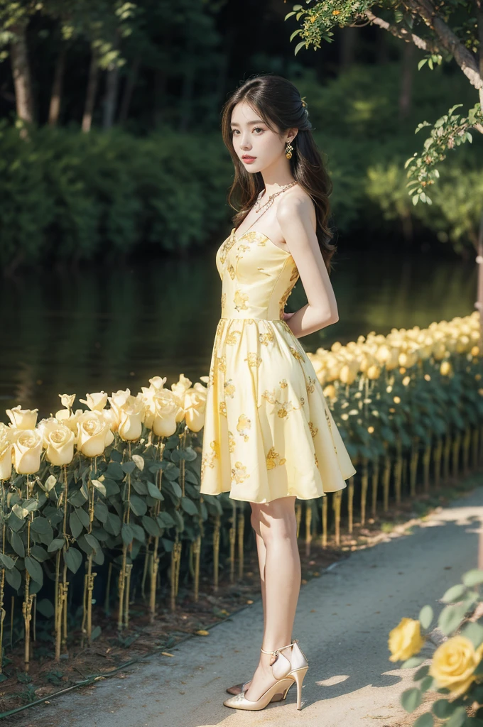 (((best quality))),(((ultra detailed))),(((masterpiece))),illustration, a stunning young girl amidst a sea of yellow roses, yellow rose petal dress,slim,thin, fair skin,shoulder length straight chestnut hair,earrings,necklace,intricate patterns, embellishments, ethereal charm, sparkling eyes, gentle smile,flat chest,small breasts, innocence and grace, yellow roses background, full bloom, fragrance of roses, enchanting presence,admiration, beauty and nature blend, striking appearance, vibrant yellow color, harmonious equilibrium,lasting impression,((standing,arms behind back)),from front,night scene,slender legs,high heels