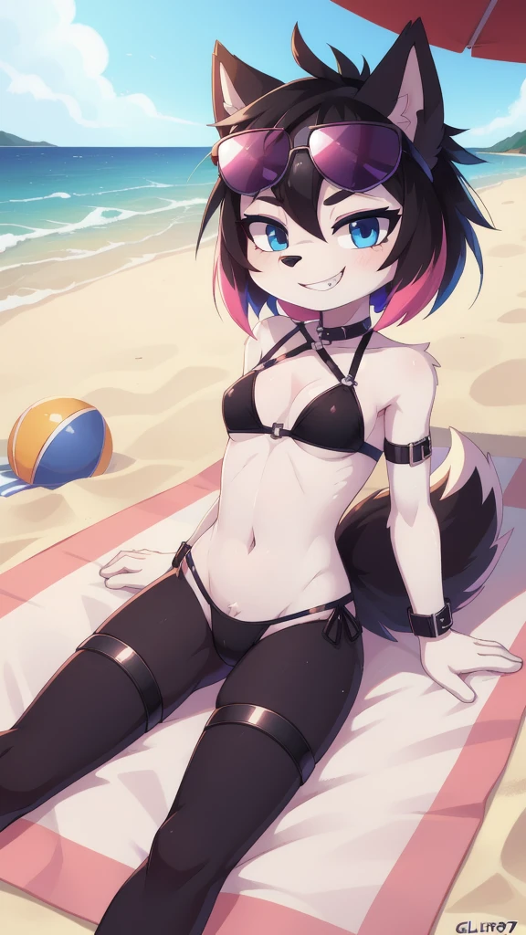 score_9,score_8_up,score_7_up, source_cartoon, source_furry, furry girl, dog, dog ears, multicolored hair, pink hair, black hair, mohawk, makeup, black eyeshadows, blue eyes, ((Black bikini with metallic details, Criss-cross straps on the front with straps on the sides, sunglasses)), small breasts, narrowed eyes, detailed body fur, detailed face, detailed eyes, glistering body, shiny body, gorgeous body, skinny, solo, :3, white body fur, sharp teeths, grin, sit on beach towel, beach, clear sky,