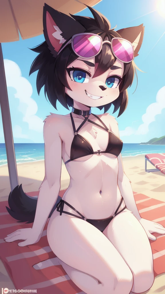 score_9,score_8_up,score_7_up, source_cartoon, source_furry, furry girl, dog, dog ears, multicolored hair, pink hair, black hair, mohawk, makeup, black eyeshadows, blue eyes, ((Black bikini with metallic details, Criss-cross straps on the front with straps on the sides, sunglasses)), small breasts, narrowed eyes, detailed body fur, detailed face, detailed eyes, glistering body, shiny body, gorgeous body, skinny, solo, :3, white body fur, sharp teeths, grin, sit on beach towel, beach, clear sky,