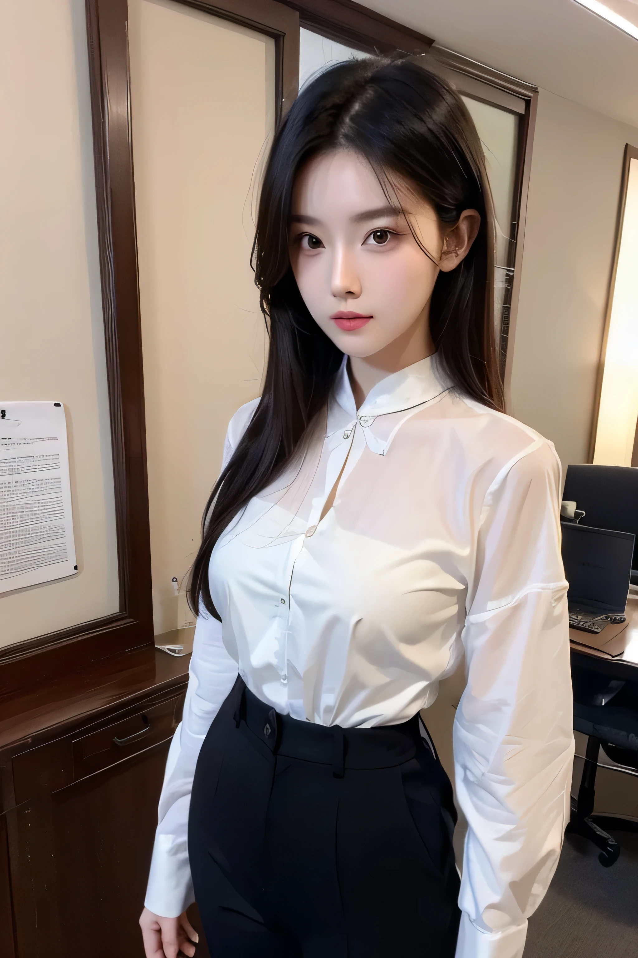highly detailed face and body, 21 years old, chinese model, tall, perfect body, passionate and cute look, long black hair, black eyes, office lady outfit, long pants, small firm breasts, light skin, full body facing front