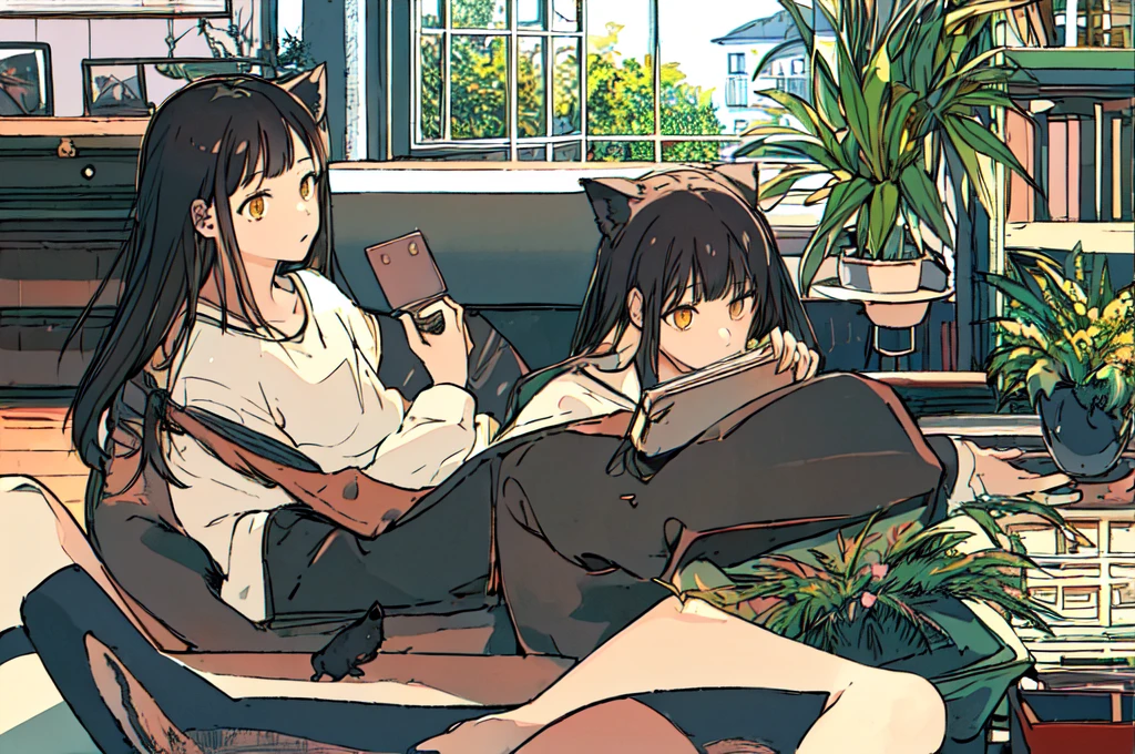 a girls, from above, plant, black hair, cat, lying, indoors, holding, long sleeves, long hair, stuffed toy, potted plant, book, food, window, phone, loaded interior, television, short hair, on back, stuffed animal, bangs, slippers, barefoot, sitting, bookshelf, shelf, cable, computer