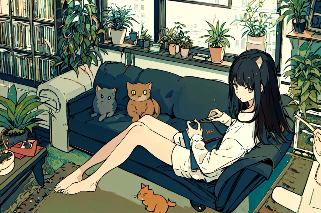 a girls, from above, plant, black hair, cat, lying, indoors, holding, long sleeves, long hair, stuffed toy, potted plant, book, food, window, phone, loaded interior, television, short hair, on back, stuffed animal, bangs, slippers, barefoot, sitting, bookshelf, shelf, cable, computer
