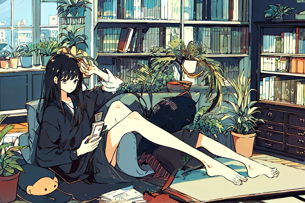 a girls, from above, plant, black hair, cat, lying, indoors, holding, long sleeves, long hair, stuffed toy, potted plant, book, food, window, phone, loaded interior, television, short hair, on back, stuffed animal, bangs, slippers, barefoot, sitting, bookshelf, shelf, cable, computer