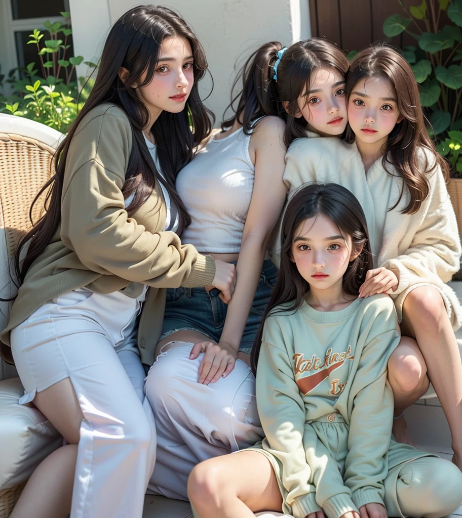 3heads, three headed girl, (a 13 year old girl:1.5), (a 10 year old girl:1.5), (a 40 year old woman:1.5)