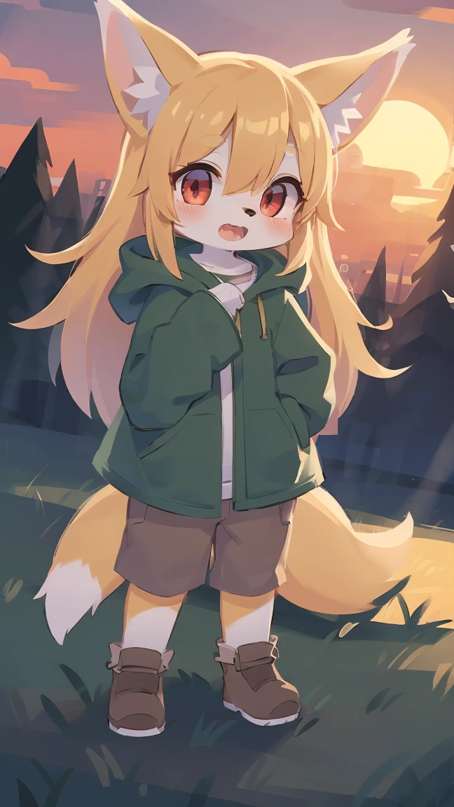 loli the fox, , was hairy, shaggy, skin fur, smooth lashes, golden fur, forelimb hands, straight long blonde hair, solid circle eyes, golden ears, golden fur, golden facial fur, shiny hair, red eyes, super cute face, 1fox tail, fluffy tail, furry tail, glowing eyes, green coat green hood down, brown trousers, standing, open mouth, embarrassed, ambient light, ultra-fine fur, dashed eyes, full body, masterpiece, high quality, high-details, best quality, wide short, (((solo))), twilight, sun light, red sky, rim light